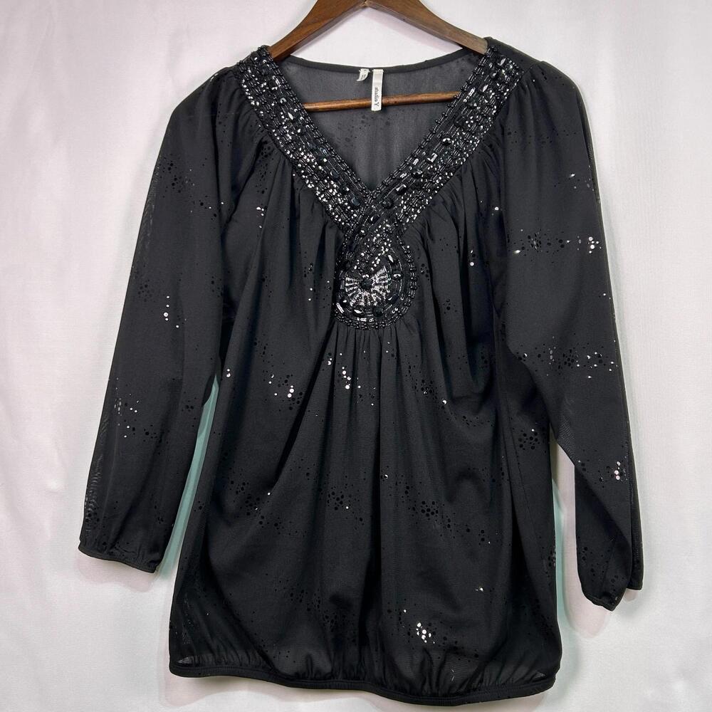 Studio Y Woman's Black Sheer Beaded Sequin V Neck Blouse Top Small Party Evening